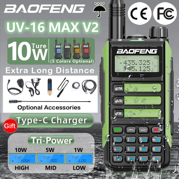 Рация Baofeng UV-16 MAX Walkie Talkie 10 км, военная, 10 Вт, мощная водонепроницаемый VHF UHF CB Ham, двухдиапазонная двусторонняя радиосвязь, зарядное устройство USB-C 231113