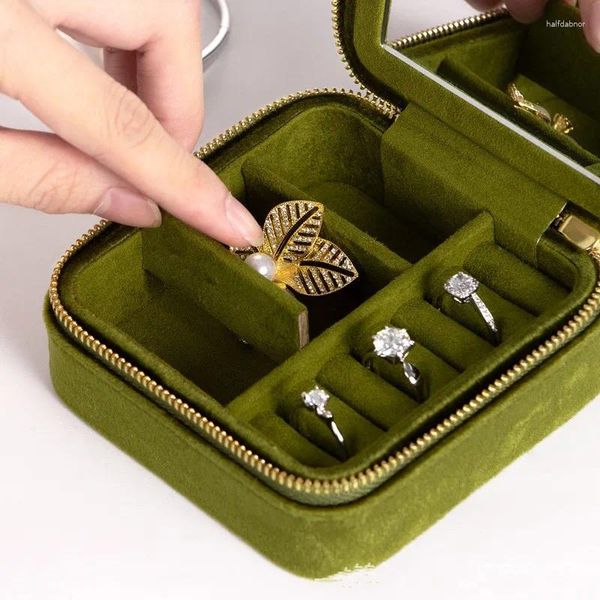 Schmuckbeutel Dunkelgrün Organizer Ohrringe Ring Aufbewahrungskoffer Reise Tragbare Brosche Box Flanell Doppelschicht mit Spiegel