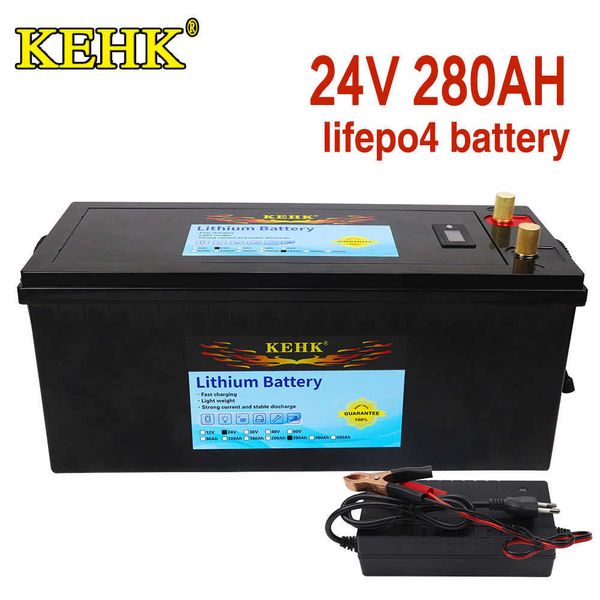 24V 280Ah LiFePO4 Batteria 25.6V Built-in BMS Batteria al litio per camper RV Golf Cart Off-Road Off-Grid solare con caricabatterie