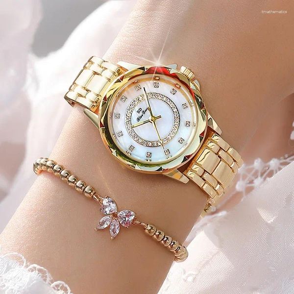 Armbanduhren Damen Quarzuhr Luxus Klassisch Goldgehäuse Weißes Zifferblatt Splitterband Diamant Reloj Mode Orologio Uhren Damen Armbanduhr