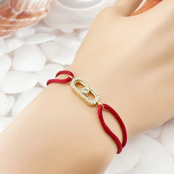 Charm-Armbänder, einfach für Damen, Kupfer-Mikro-eingelegter Zirkon mit einer verschiebbaren Perle, handgewebtes rotes Seil, klassisches Accessoire