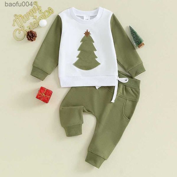 Conjuntos de roupas infantis para bebês meninos, conjuntos de roupas de Natal de manga comprida com estampa de árvore de Natal, moletons, calças, roupas casuais