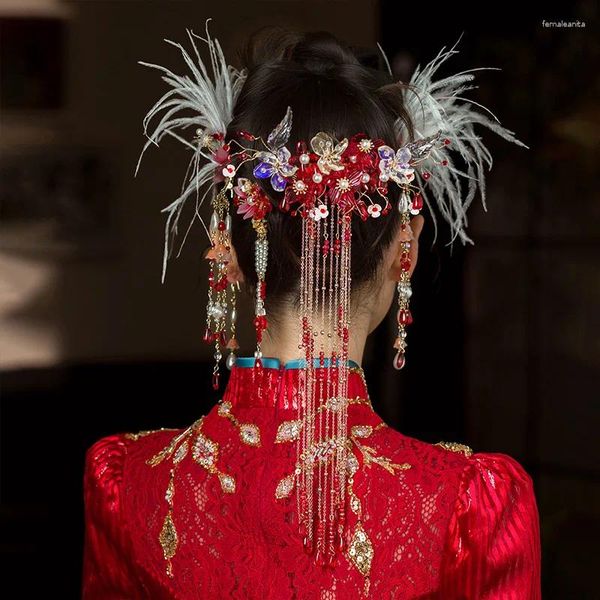 Grampos de cabelo conjunto de cocar chinês pena vermelha hairpin antigo idade-reduzindo sobrancelhas gota acessórios doces