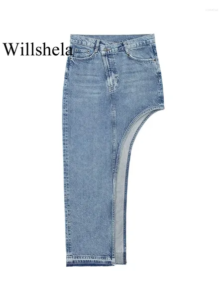 Röcke Frauen Mode Denim Blau Front Zipper Seite Schlitz Midi Rock Vintage Hohe Taille Asymmetrische Weibliche Chic Dame