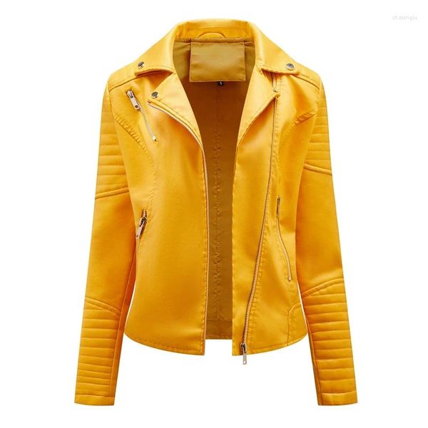 Jaqueta de couro feminino moto motociclista com zíper 2023 moda falsa primavera outono casaco feminino vermelho preto amarelo rosa marrom