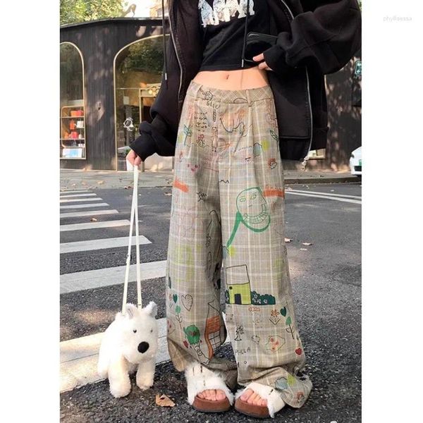 Pantaloni da donna Korejepo American Retro Graffiti Donna Casual Vita alta Slim Tubo dritto Pavimento ampio Gamba larga Fondo lungo