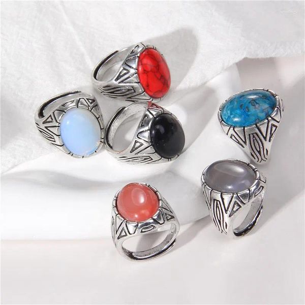 Cluster Ringe Vintage Silber Farbe Daumen Ring Naturstein Perle Einstellbare Opal Quartzs Männlich Party Finger Für Frauen Männer Schmuck