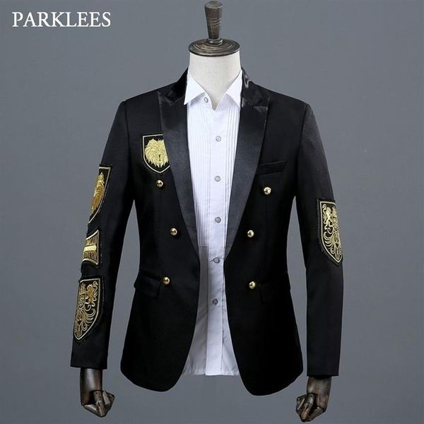 Medalha de ouro bordado blazer jaqueta masculina casual lapela duplo breasted terno preto palco baile mostrar cantor vestido militar homme 22243