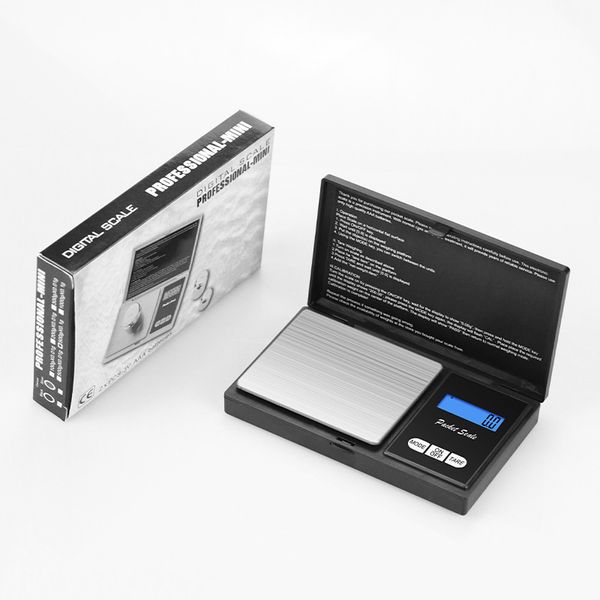 Escalas de cozinha eletrônica Black Digital Pocket Pocket Scale Jóias Diamante Balance Gram Scales Display LCD com pacote de varejo 100g/0,01g 200g/0,01g 500g/0,01g 1kg/0,1g