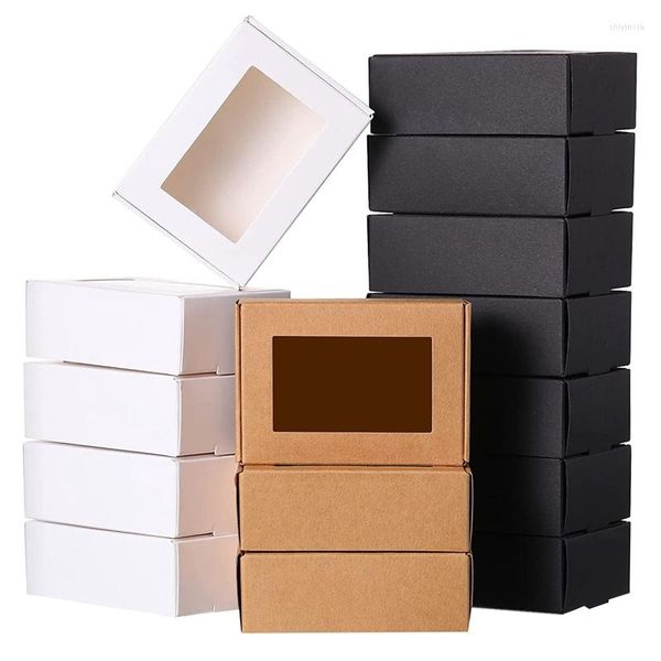 Geschenkverpackung 30 Stück Mini-Kraftpapier-Box mit Fenster, Geschenkverpackung, Leckerei für Seife, Bäckerei, Süßigkeiten (Schwarz, Braun, Weiß)