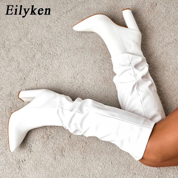 Sapatos de vestido Eilyken moda branco preto mulheres joelho botas altas sexy apontou toe saltos quadrados senhoras longo deslizamento em sapatos femininos tamanho 35-42 231113