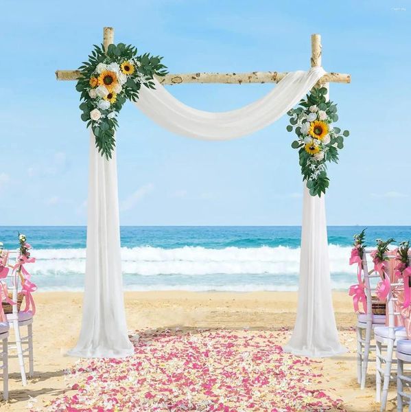 Kit de arco de casamento artificial de flores decorativas girassóis (pacote de 3) com arcos de tecido drapeado branco brilhante de 26 pés