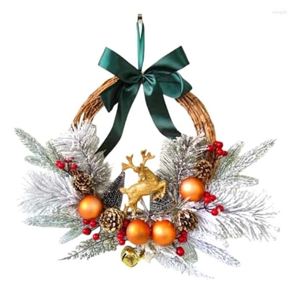 Flores decorativas, coronas de renos navideños para puerta de entrada con bolas, piñas y campanas