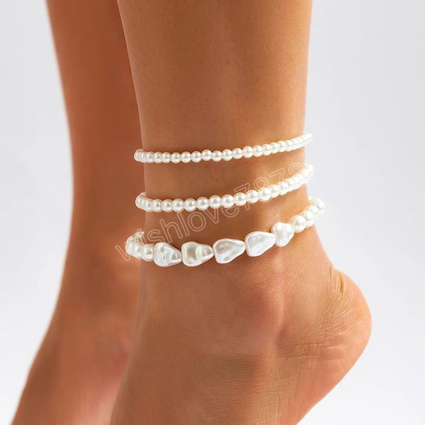 Cavigliera con catena di perle multistrato Boho per donna Bracciale alla caviglia con tacco alto Sandali a piedi nudi Gioielli per piedi estivi