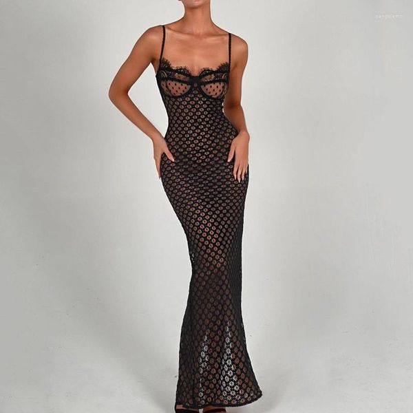 Roupas étnicas preto sling sexy vestido longo vestido de solka de vara de costas abertas maxi vestidos africanos para mulheres manto 2023 boate de verão