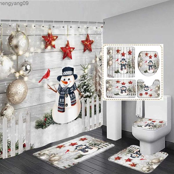 Cortinas de chuveiro bonito boneco de neve natal cortina de chuveiro conjunto prata floco de neve bolas de natal decoração do banheiro tapete banho toalete capa r231114