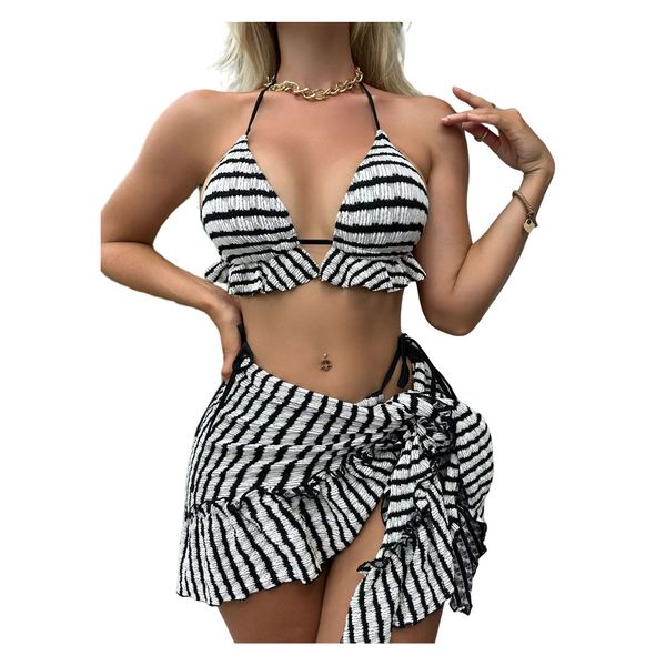 Gonna a righe nere 3 pezzi Bikini Set donna volant push up costume da bagno cover up costume da bagno spiaggia lace up pieghe costumi da bagno 2023