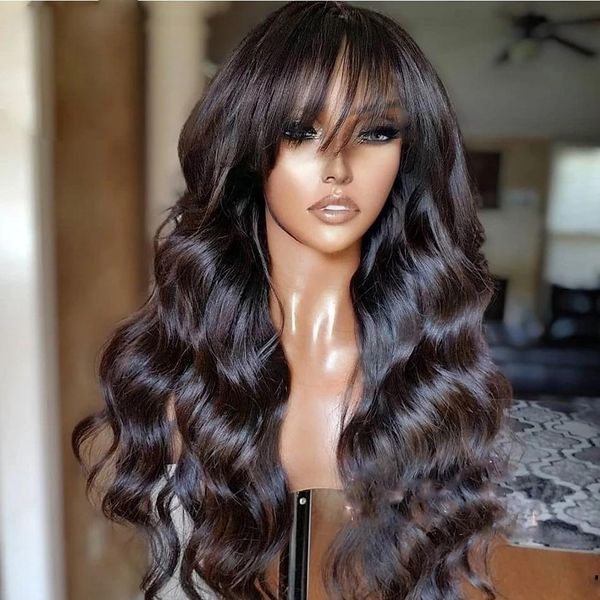 Spedizione gratuita per nuovi articoli di moda a densità stock Brasiliana Body Wave Fringe Wig Ai capelli umani con scoppi nessuna parrucche anteriori in pizzo completo