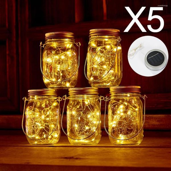 Strings 5pcs Solar Power Mason Jar Lights Fairy LED String Diy Garland Festa impermeável Party Christmas Wedding Decoration