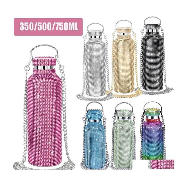 Garrafas de água Bling Diamond Thermos Portátil Glitter Garrafa Crossbody Aço Inoxidável Balão Térmico 350ml 500ml 750ml 221018 Drop de Dhmev