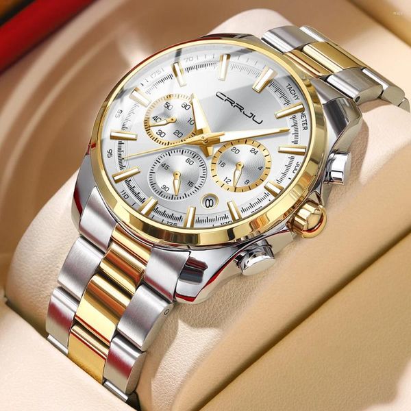 Armbanduhren CRRJU Marke Goldene Uhren Herren Business Casual Chronograph Quarz Wasserdichte Armbanduhr Edelstahlarmband