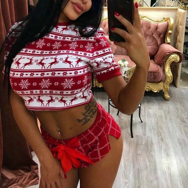 Traccettaci da donna 2 pezzi da donna Stampa natalizia set manica corta Top e pantaloni che covano per le renne della renna di navigazione Annota canottiere sexy turista di sudore sexy