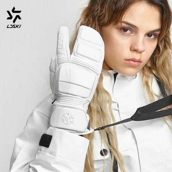 Лыжные перчатки LDSKI Лыжные перчатки с тремя пальцами для тяжелых условий эксплуатации, зимние теплые варежки для женщин и мужчин, водонепроницаемая козья кожа, термозащитный тинсулейт 231114