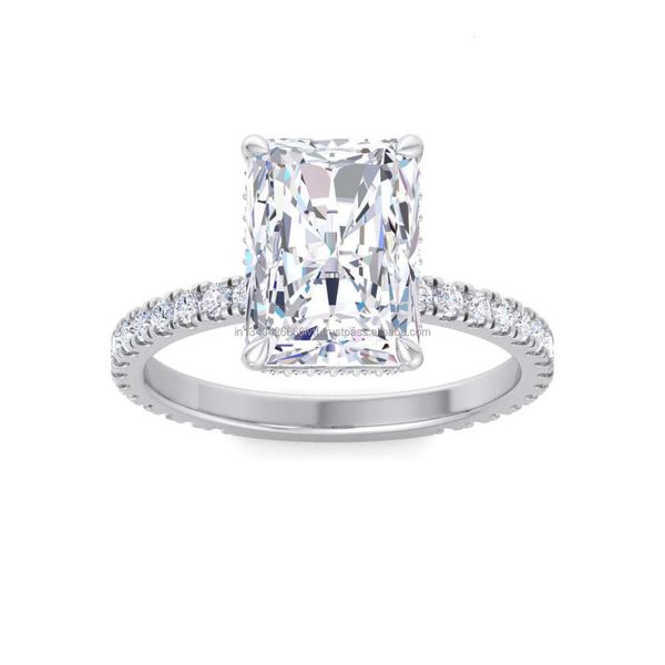 Anel de noivado de moissanite com corte radiante, ouro branco exclusivo, halo oculto, anel de diamante feminino, anel de meia eternidade