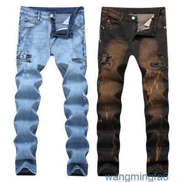 Vendas quentes masculino motociclista jeans de alta qualidade zíper designer impresso quebrado tamanho grande calças retas streetwear pi1b