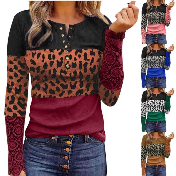 Camisetas femininas estampa de leopardo para mulheres O-pescoço LONGO LONGA BLUSH 3D Trabalho abstrato Tops Mujer Plus Size