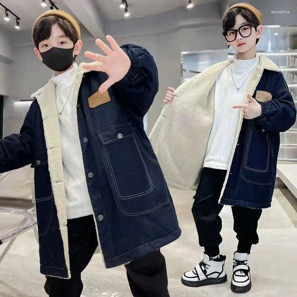 Jacken Herbst Winter Baby Jungen Denim Jacke Plus Samt Verdicken Warme Kinder Fleece Oberbekleidung Mantel 5-14Years Kid Studenten