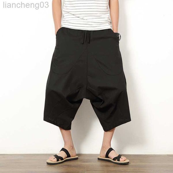 Calça masculina algodão calça transversal masculino crotch hip hop bloomers calças calças de harém de panturrilha masculina calça de rua coreana Man w0414