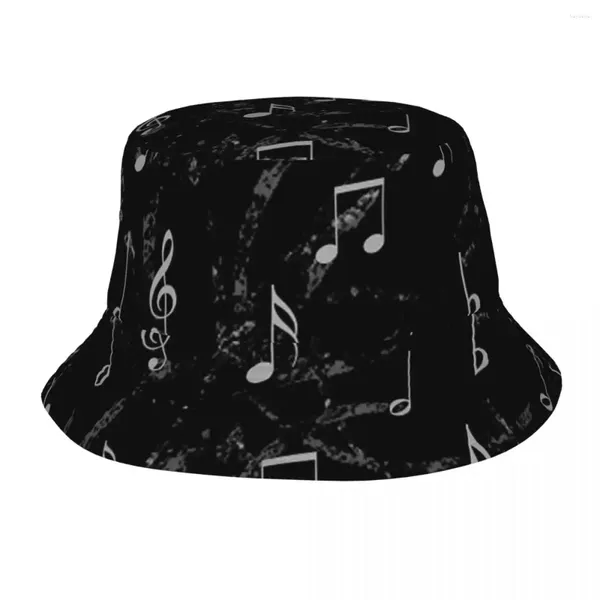 Berets preto e branco pografia nota musical balde chapéu verão headwear merch retor melodia chapéus de pesca boonie proteção uv