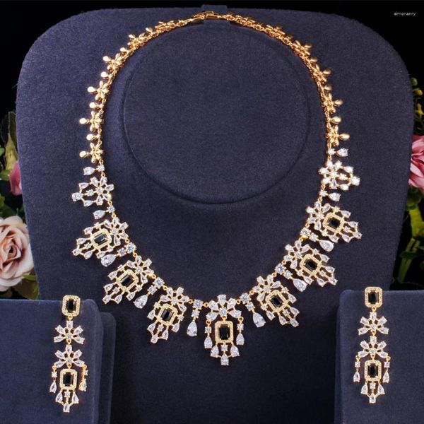 Colar brincos conjunto threegraces elegante preto branco zircônia cúbica pedra longo balançar e jóias de festa de luxo para mulher tz961