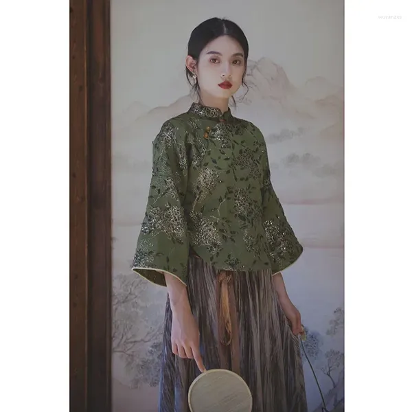 Ethnische Kleidung Frühling Original Traditionelle Chinesische Hanfu Tops Frauen Elegante Grüne Blumen Gestickte Schräge Knopfleiste Geknöpft Qipao Schlank