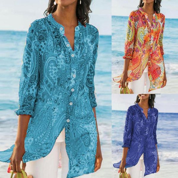 Kadın bluzları zarif vintage paisley baskılı gömlekler kadın boho gevşek uzun sonbahar gündelik kollu şifon plaj üstleri tunik