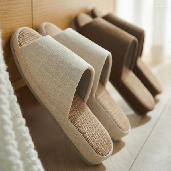 Hausschuhe mit einfachen und dicken Sohlen aus Baumwollleinen für Damen im Frühling und Herbst, für den Innenbereich, vier Jahreszeiten, Holzboden