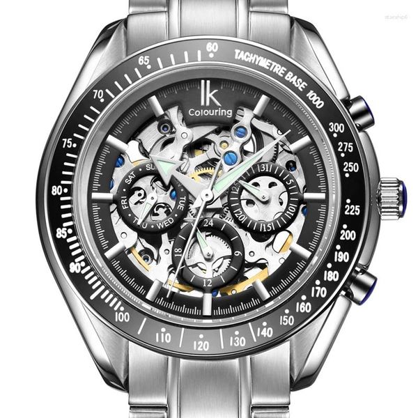 Armbanduhren IK Coloring Herrenuhren Automatische mechanische wasserdichte Multifunktions-Skelett-Luminou-Tracymeter-Uhren 3304