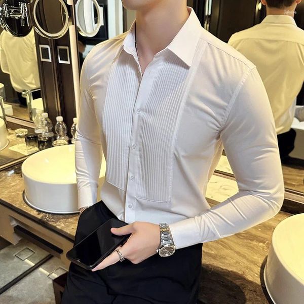 Мужские повседневные рубашки смокинг высокого качества модный складной дизайн с длинным рукавом для мужчин свадебное платье Slim Fit блузка Homme черный