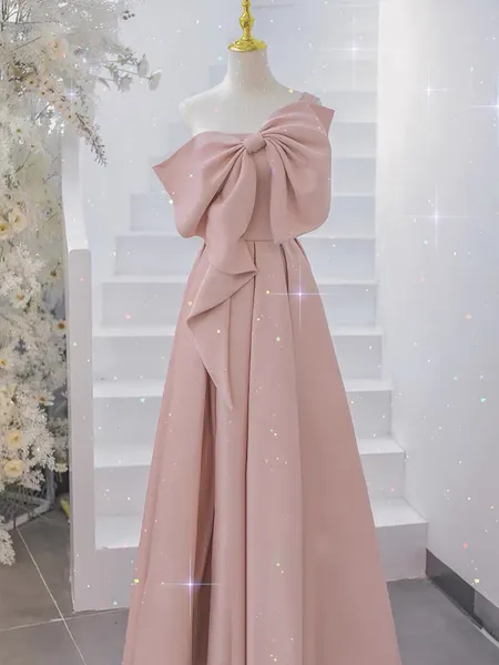 2023 Pink Satin Celebrity Kleider Big Bow A-Linie Elegant One Shoulder Ärmellos Einfache Bankett Temperament Abendkleider Neu