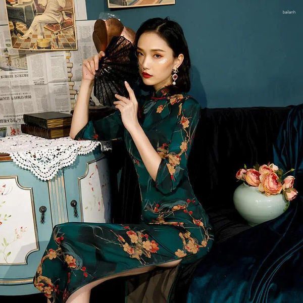 Roupas étnicas 2023 Verde Cheongsam Vestido Grande Chinês Tradicional Longo