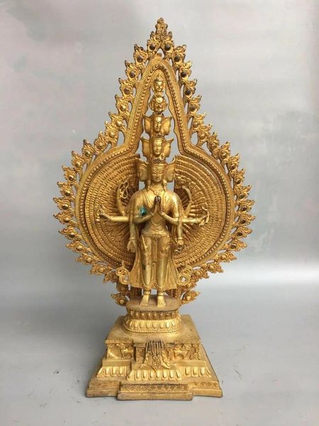 Statuette decorative da 16,5 pollici, antica statua del Bodhisattva a mille mani in bronzo dorato del buddismo tibetano antico