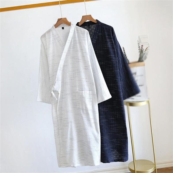 Homens sleepwear estilo japonês laço-up roupão longo algodão primavera verão fino robe grande tamanho listrado casa traje presente 1 pcs