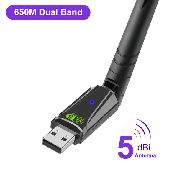 650Mbps USB WiFi Adapter Empfänger 5dBi Externe Antenne Dual Band 2.4GHz 5GHz 650M Wireless Network Card Plug and Play für Desktop Laptop