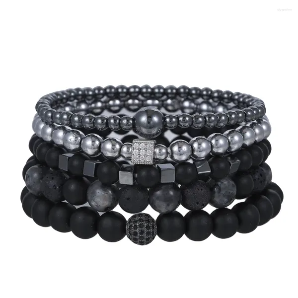 Charme pulseiras 5 pçs/sets natural preto fosco lava hematita pedra pulseira para homens homme misturado cz encantos conjuntos pulsera hombre presente