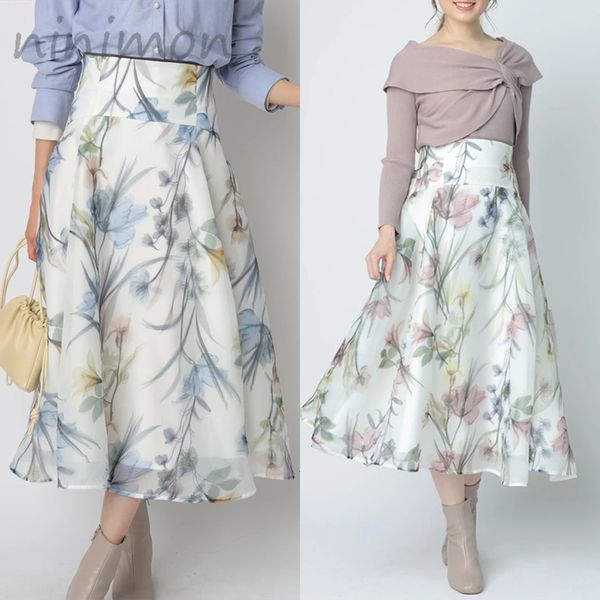 Saias Ninimon Tulle Floral Impresso Salia Longa A linha Elegante Salas de cintura alta e elegante Chaia Mulheres Salia de Chiffon da primavera vintage 230414