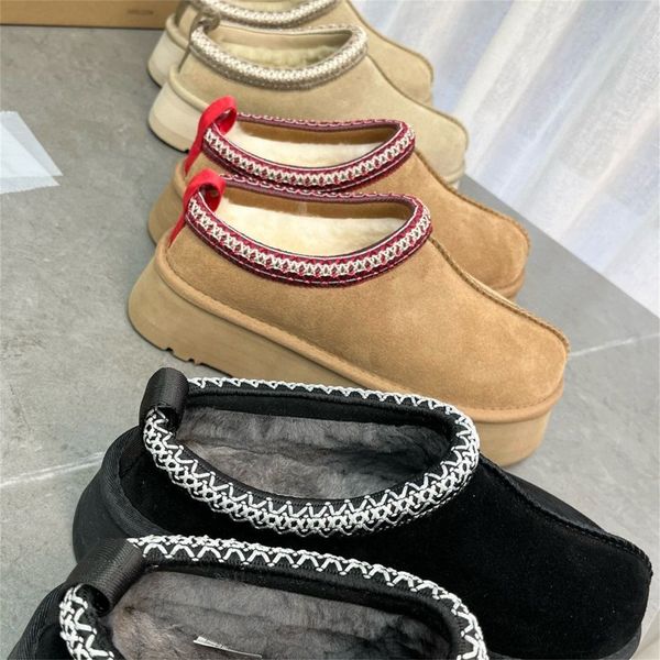 Tazz-Hausschuhe, Tasman-Hausschuhe, Ultra-Mini-Plateaustiefel, Pelz, flacher Slipper, flauschige Hausschuhe, kastanienbraun, warmer Baumwollschuh, Schnee, Wollmischung, Winterstiefeletten, Damenschuhe