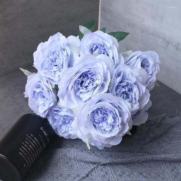 Fiori decorativi Simulazione Peonia Bouquet Fiore finto di seta Decorazione della sala da pranzo Peonie artificiali blu della pittura a olio Decorazione della camera da letto di casa