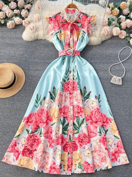 Abiti casual Runway Summer Holiday Flower Dress da donna senza maniche Papillon Collo monopetto Cintura con stampa floreale Boho Maxi Party