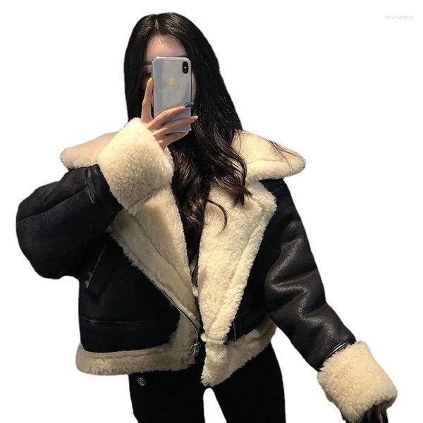Женские куртки, короткие куртки из искусственного меха ягненка, стеганая женская куртка с лацканами на молнии, верхняя одежда на молнии, парки, зимнее пальто Y2K